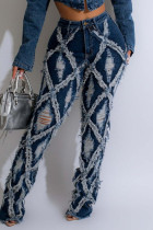 Blue Sexy Solid Ripped Patchwork Buttons Zipper High Waist Boot Cut Denim Jeans