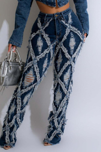 Blauwe sexy effen gescheurde patchwork knopen rits hoge taille boot-cut denim jeans