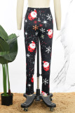 Zwarte casual print Kerstman Basic skinny hoge taille Conventionele broek met volledige print