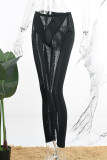 Zwart sexy effen uitgehold patchwork doorzichtige skinny middelhoge taille conventionele effen kleur broek