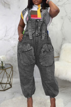 Dark Gray Casual Solid Patchwork Pocket Buttons Sleeveless High Wais Loose Denim Overalls Jumpsuits