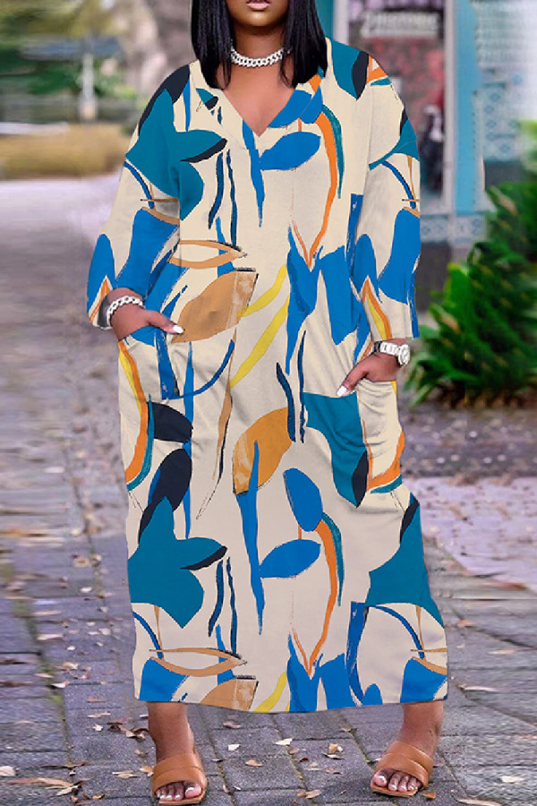 Vestidos básicos de manga larga con cuello en V y estampado informal azul albaricoque