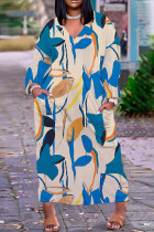 Vestidos de manga comprida com estampa casual azul damasco básico com decote em V