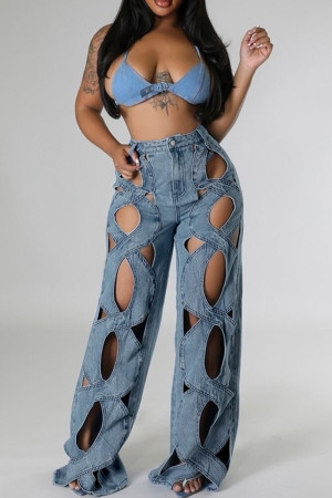 Light Blue Street Solid Hollowed Out Patchwork Pocket Buttons Zipper High Waist Loose Criss Cross Baggy Denim Jeans