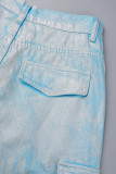 Prata Casual Patchwork Bolso Cintura Alta Jeans Regular