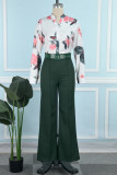 Green Elegant Print Patchwork Buckle With Belt Shirt Collar Long Sleeve Two Pieces