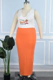 Tangerine Red Casual Print Basic U Neck Plus Size Two Pieces