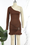 Dark Brown Sexy Casual Solid Backless Oblique Collar Long Dress Dresses