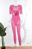 Roze sexy effen uitgeholde patchwork doorzichtige skinny jumpsuits met O-hals