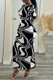 Zwarte casual print split coltrui lange jurk jurken