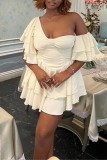 Blanc Sexy décontracté solide Patchwork col asymétrique robe irrégulière robe à manches courtes