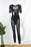 Zwarte sexy effen uitgeholde patchwork doorzichtige skinny jumpsuits met O-hals