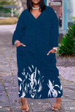 Абрикосово-синие повседневные платья с V-образным вырезом и длинными рукавами с принтом