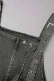 Cinza escuro casual sólido retalhos bolso botões sem mangas cintura alta macacões jeans soltos