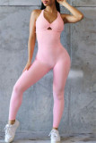 Розовая повседневная спортивная одежда, однотонные узкие комбинезоны с открытой спиной и V-образным вырезом