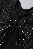 Svarta sexiga Casual Patchwork Paljetter Frenulum V-hals långärmade klänningar