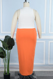 Tangerine Red Casual Print Basic U Neck Plus Size Two Pieces