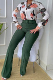 Verde Estampado elegante Patchwork Hebilla con cinturón Cuello camisero Manga larga Dos piezas