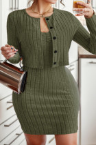 Army Green Elegant Solid Buckle O Neck Long Sleeve Two Pieces
