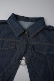 Giacca di jeans regolare a mezza manica con colletto rovesciato patchwork solido casual blu sexy