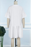Weiße, lässige, solide Patchwork-Hemdkleider mit Knöpfen und O-Ausschnitt