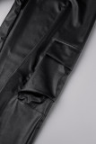 Negro Sexy Casual parches lisos asimétrico cuello con cremallera manga larga dos piezas