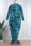 Blau Casual Print Basic V-Ausschnitt Langarm Kleider in Übergröße