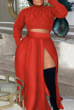 Falda informal de patchwork liso con cremallera y abertura talla grande cintura alta rojo