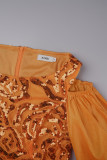 Orange Party Formella Patchwork urholkade paljetter O-hals inslagna kjolklänningar