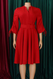 Красные элегантные однотонные бандажные лоскутные складки с поясом, асимметричный воротник, трапециевидные платья
