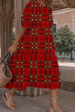 Donkergroene casual geruite ruitvormige print O-hals jurk met korte mouwen