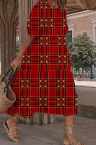 Rode casual geruite ruitvormige print O-hals jurk met korte mouwen