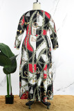 Robe longue marron décontractée imprimée basique à col rond, robes de grande taille