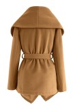 Coffee Casual Solid With Belt Turndown Collar Outerwear