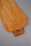 Robes de jupe enveloppées à col rond en paillettes ajourées en patchwork formel orange