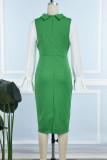 Зеленые повседневные однотонные лоскутные платья с отложным воротником и длинными рукавами