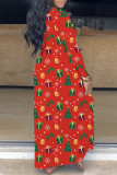 アプリコット カジュアル プリント ベーシック V ネック ロング ドレス ドレス