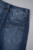 Blue Casual Solid Patchwork High Waist Straight Denim Jeans