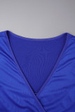 Blaues, lässiges, festes Patchwork-Kleid mit V-Ausschnitt und kurzen Ärmeln