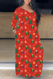 オレンジ カジュアル プリント ベーシック V ネック ロング ドレス ドレス