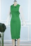 グリーン カジュアル ソリッド パッチワーク ターンダウン カラー ロング スリーブ ドレス