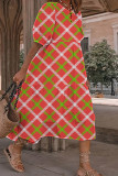 Grön Casual pläd rombisk utskrift O-hals kortärmad klänning klänningar