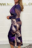 Lila, elegantes, bedrucktes Patchwork-Kleid mit V-Ausschnitt und bedrucktem Kleid