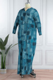 Blau Casual Print Basic V-Ausschnitt Langarm Kleider in Übergröße