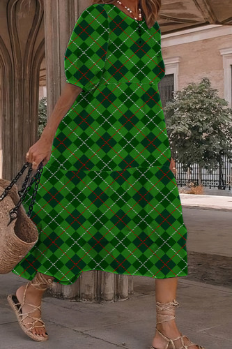 Verde escuro casual xadrez rômbico impressão o pescoço vestidos de manga curta