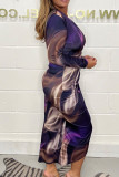 Lila, elegantes, bedrucktes Patchwork-Kleid mit V-Ausschnitt und bedrucktem Kleid