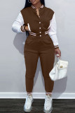 Coffee Casual Solid Patchwork Buckle Long Sleeve Two Pieces
