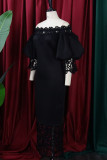Robe longue noire décontractée, couleur unie, ajourée, patchwork, épaules dénudées