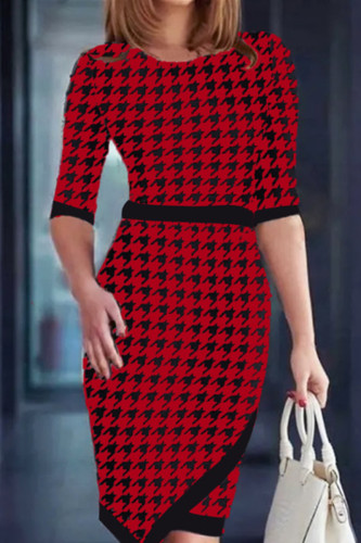 Red Elegant Print Patchwork U Neck Wrapped Skirt Dresses