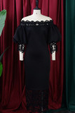 Black Casual Solid Hollowed Out Patchwork Off the Shoulder Long Dress Dresses